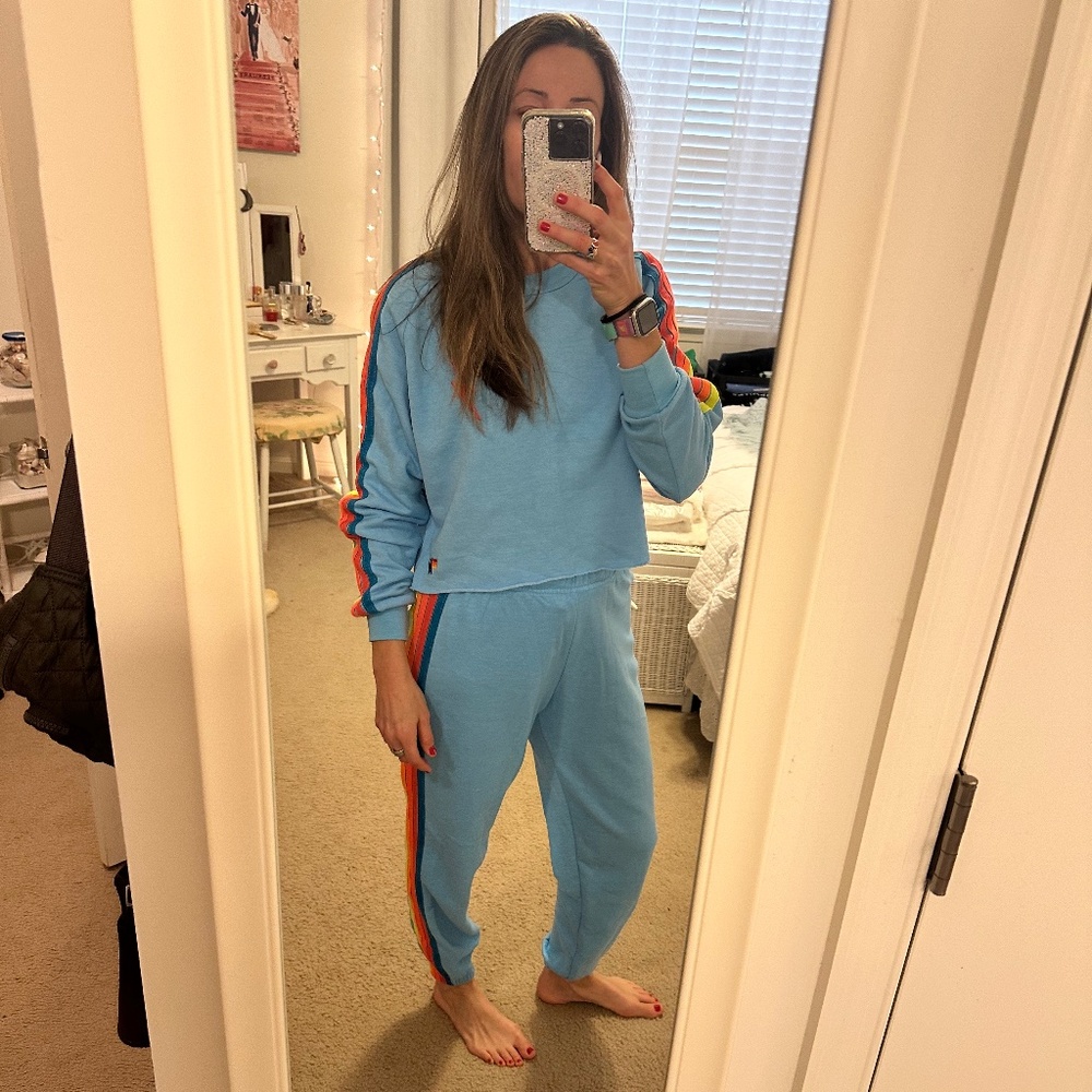 Aviator Nation - 5 STRIPE SWEATPANTS - SKY // NEON RAINBOW - Size Small